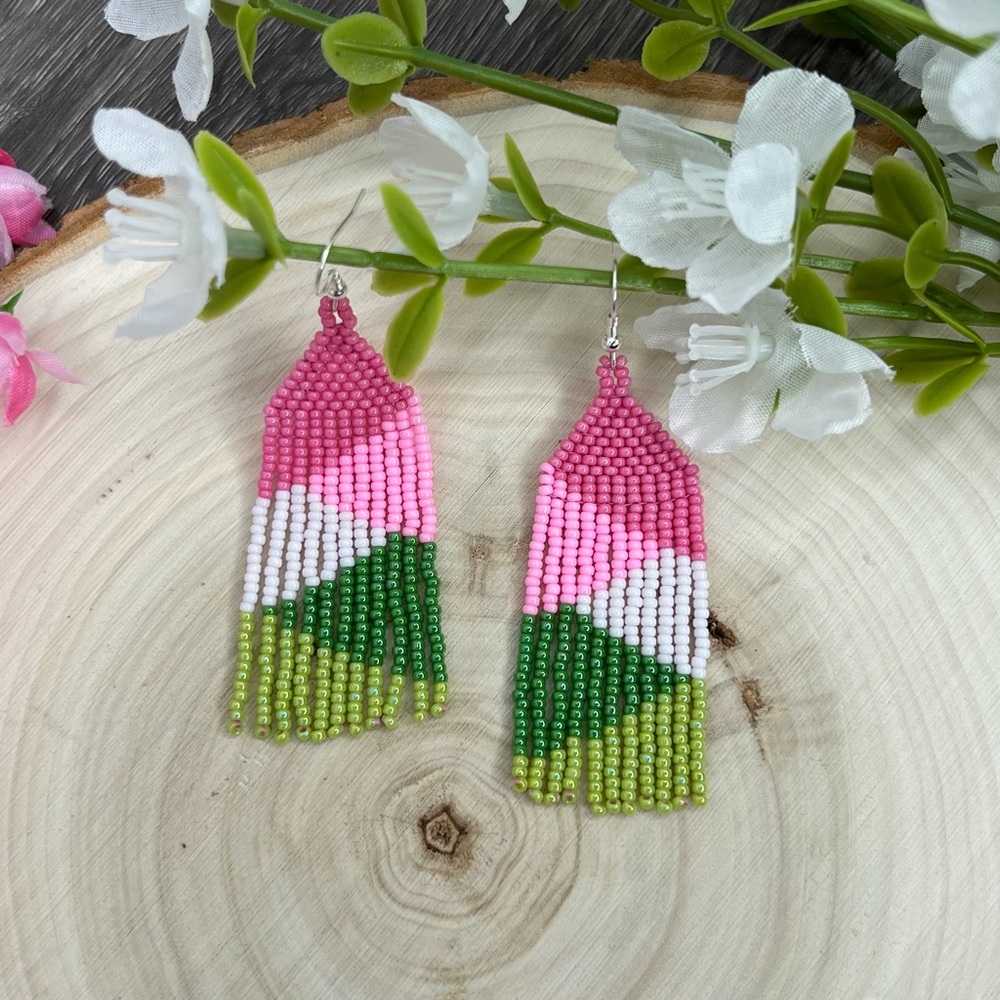 Colorblock‎ Beaded Eariings Pink Green Seed Bead Earrings Handmade Jewelry
